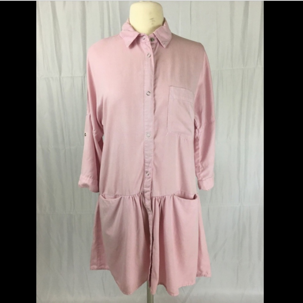 Zara Pink Lyocell Shirt Dress with Pockets XS